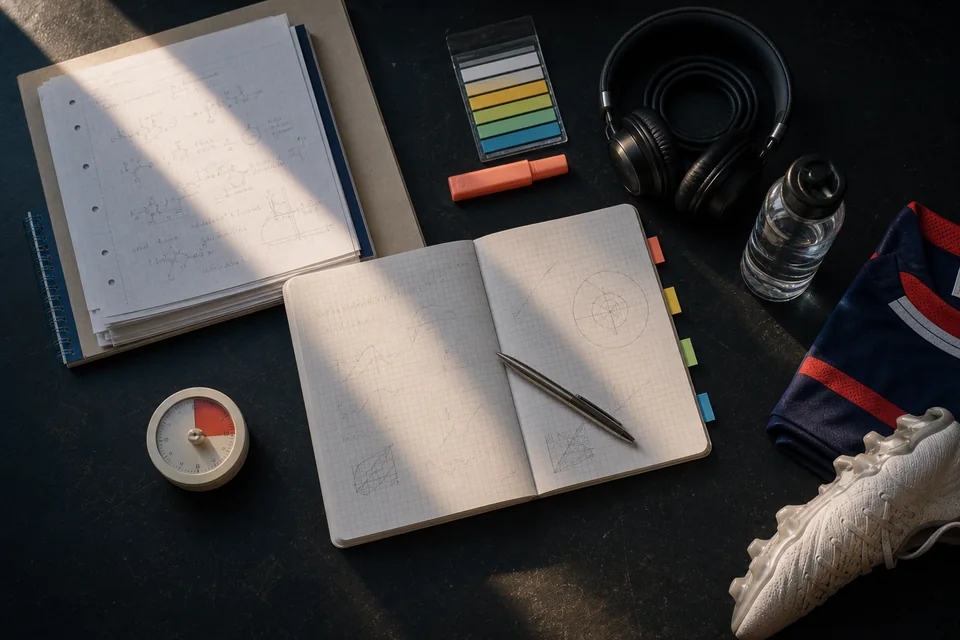 Overhead view of a student desk after planning: class papers stacked, a calculus notebook clear, and soccer gear ready for later.