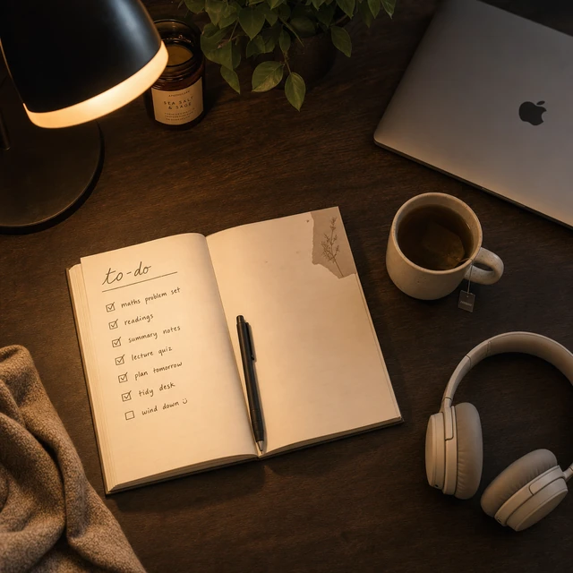 A cozy desk in evening lamplight: an open notebook with a checklist mostly ticked off, a mug of tea, and headphones.