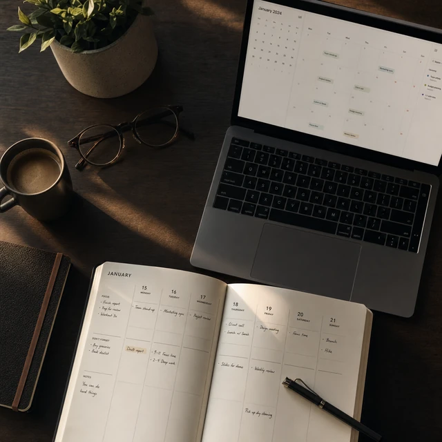A tidy desk in warm morning light: an open weekly planner with handwriting beside a laptop showing a calendar app, a coffee, and glasses.